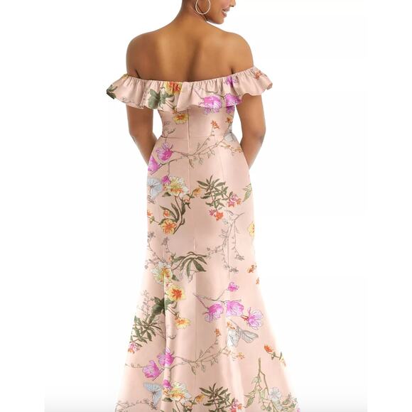 Alfred Sung Off the Shoulder Pink Satin Floral Trumpet Gown Medium - Picture 2 of 9